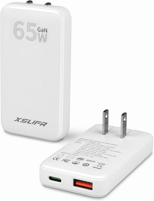 Flat USB C Wall Charger, 65W GaN Ultra Slim Dual Port Charger, Folding Travel Charger for Laptops, White