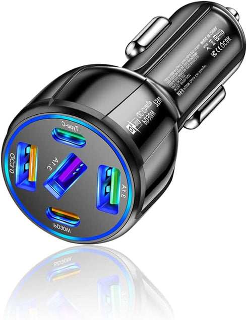 75W Ultra-Fast Car Charger, 30W/QC3.0/Type C 5-Port Smart Shunt Car Adapter Compatible with iPhone 14 Pro MAX/13