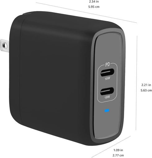 Amazon Basics 36W 15/14/13/12/11/X, 2.34 2.21 1.09 inches, Dual Port USB-C Wall Charger with Power Delivery, Foldable