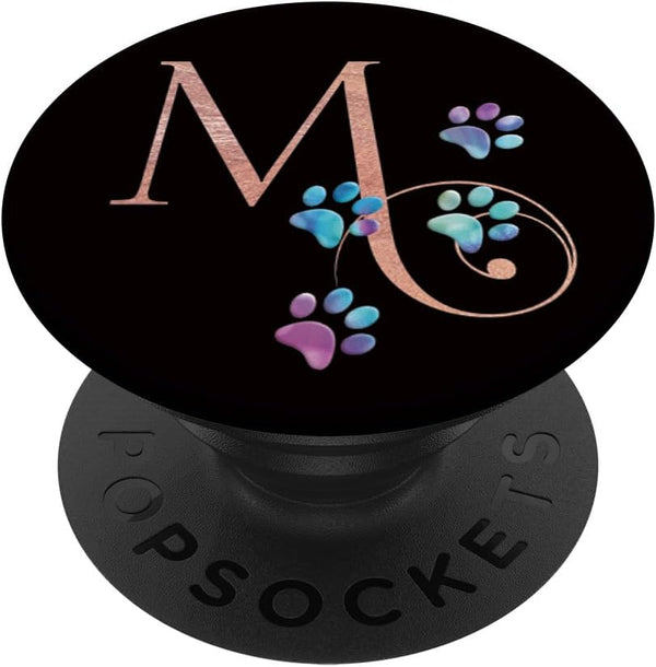 Pink Monogram Letter M Cat Dog Rainbow Paw PopSockets Adhesive PopGrip