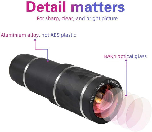 Phone Camera Lens Kit - 20X Telephoto Zoom, Wide Angle & Macro Lens for iPhone, Android Smartphones