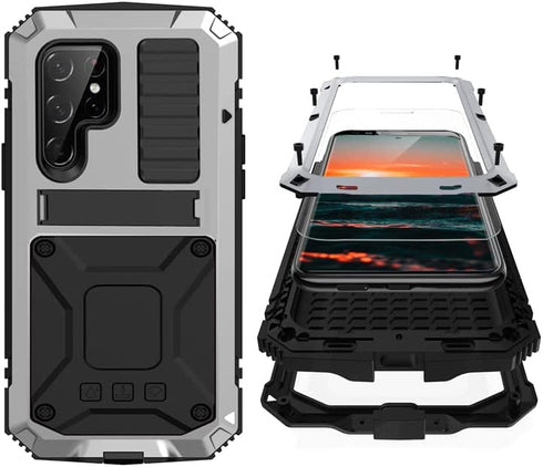 Samsung S23 Ultra Compatible Metal Case with Screen Protector, Rugged Heavy Duty Full Body Tough Case (Silver)