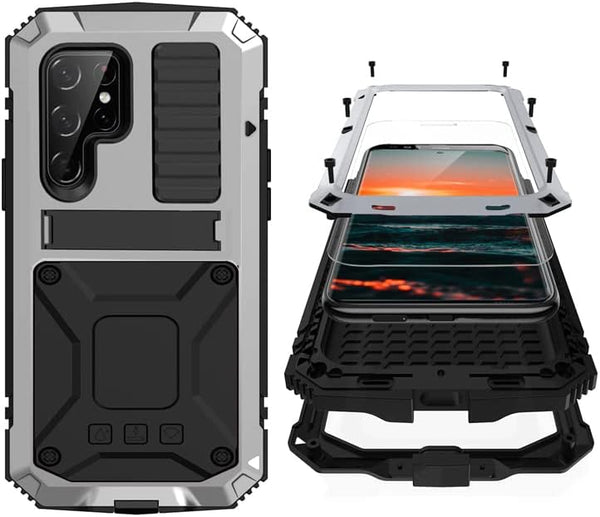 Samsung S23 Ultra Compatible Metal Case with Screen Protector, Rugged Heavy Duty Full Body Tough Case (Silver)