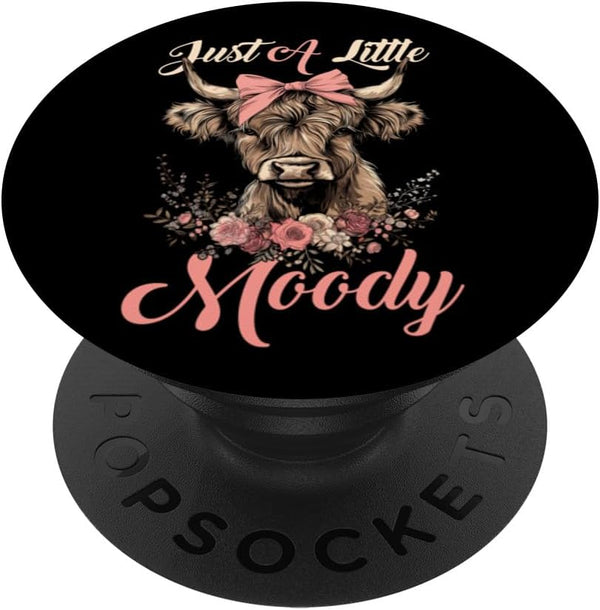 Highland Cow Just A Little Moody Flower Funny Farm PopSockets Standard PopGrip