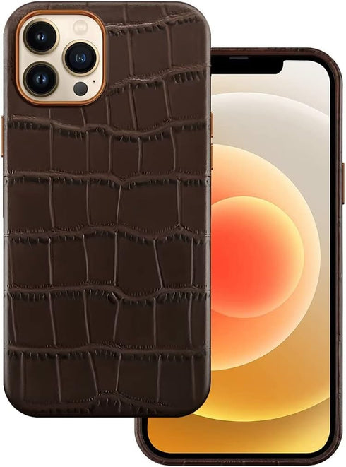 Genuine Cowhide Leather Case for iPhone 12/iPhone 12 Pro - Embossed Crocodile Pattern - Built-in Magnets for MagSafe