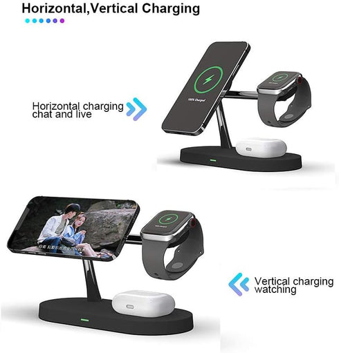 5 in 1 Magnetic Wireless Charging Stand, 15W Fast Mag-Safe Charging Station for iPhone 15/14/13/12 Series, iWatch,