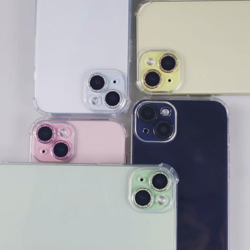 Bling Glitter Metal Crystal Camera Lens Protector for iPhone 15/15 Plus - Sparkly Pink Tempered Glass Accessory.