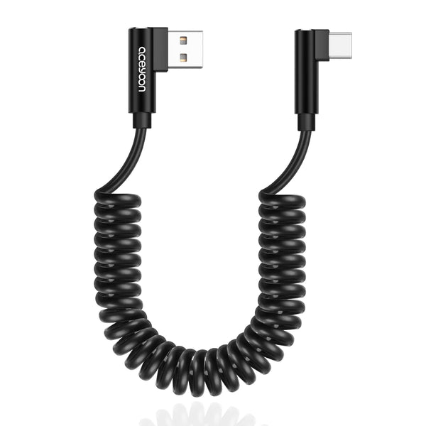 aceyoon USB to USB C Cable, 1-2.5ft, 90° Right Angle, Coiled, QC 3.0 Fast Charging, 3A 60W, Short Android Auto Cable.