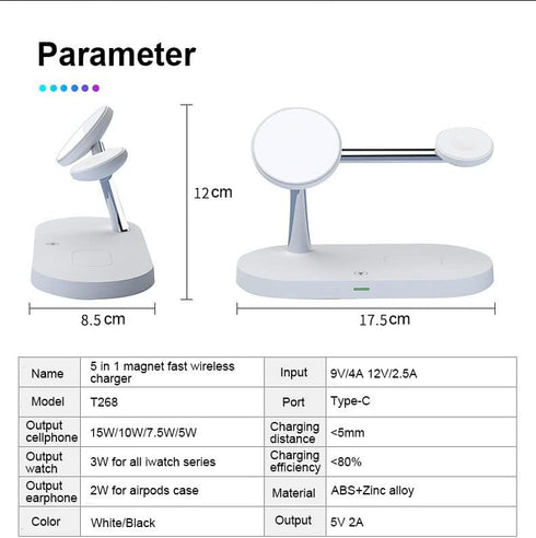 5 in 1 Magnetic Wireless Charging Stand, 15W Fast Mag-Safe Charging Station for iPhone 15/14/13/12, iWatch, Airpods