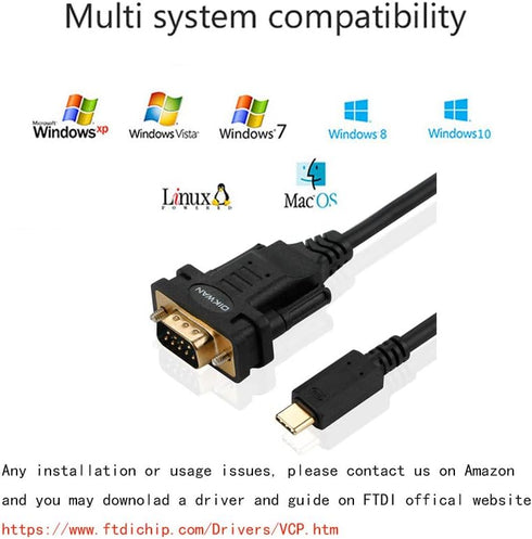 USB Type C to RS232 DB9 Serial Port Adapter Cable, FTDI Chipset, Supports Windows and Mac Linux