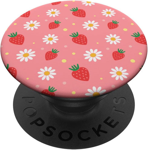 Pink Strawberry White Daisy Flowers Kawaii Pastel Aesthetic PopSockets Standard PopGrip