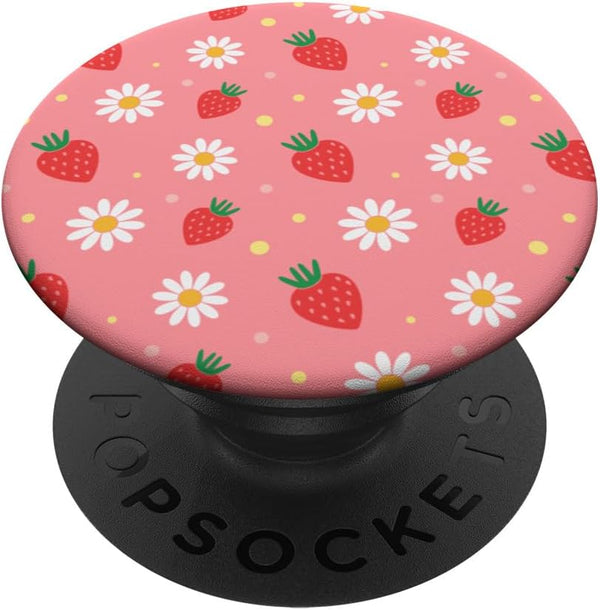 Pink Strawberry White Daisy Flowers Kawaii Pastel Aesthetic PopSockets Standard PopGrip