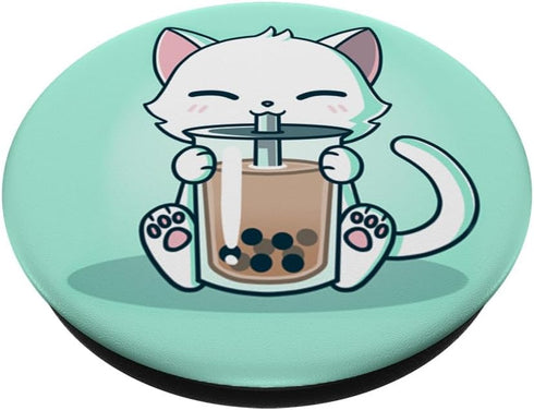 Cute Boba Kit Tea Cat Enjoying Tea Pet Kitty Lover Green PopSockets PopGrip: Swappable Grip for Phones & Tablets