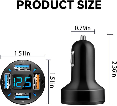 4 Ports USB Car Charger, 66W Super Fast Charging USB QC 3.0 Adapter with LED Voltmeter for Car