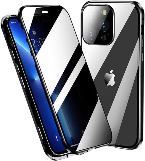iPhone 15 Pro Anti-Peeping Case: 360° Full Body Privacy Screen, Clear Tempered Glass, Magnetic Metal Bumper, Black.