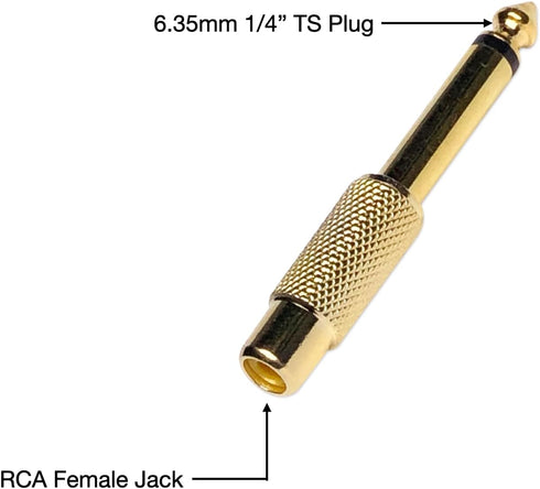 6.35mm 1/4" TS Plug to RCA Female Jack Adapter Connector - 10 Pack, Gold-Plated Mono Male to RCA Female