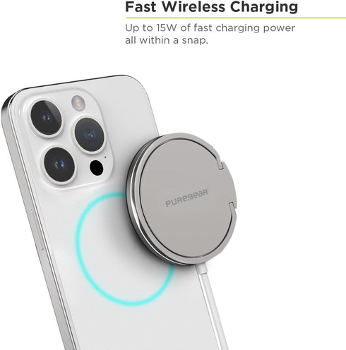 PureGear Kickstand 15W Qi-Certified Fast Magnetic Wireless Charging Pad for iPhone 15/15Pro/15ProMax/14/13/12, Galaxy
