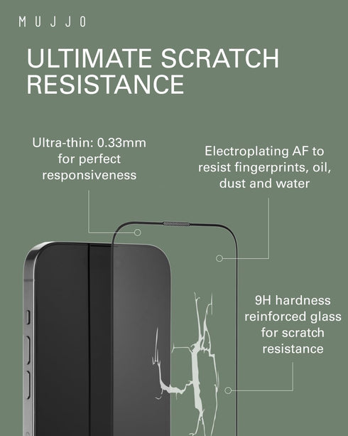 Mujjo UltraClear Glass Screen Protector for iPhones 15, 14, 13 - 9H Hardness, Electroplated Coating, Pack of 2