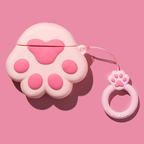 Cat Paw AirPods Case 1/2 - Compatible Protective Silicone Skin for Women - Funny Kawaii 3D Cover with Ring (Pink)