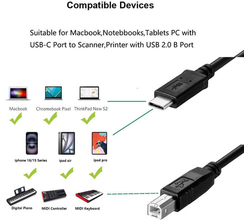 15 6.6FT, 16 for iPhone Printer Cable USB B to USB C Printer Cord for MacBook Pro iPhone Pro, Air, MIDI Cable