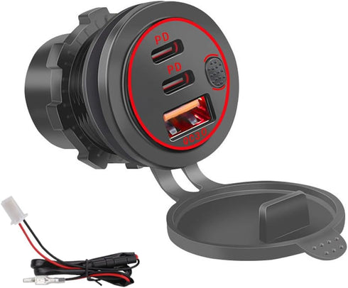 3 Ports 18W USB Car Charger with Switch, 12-24V QC 3.0 USB & Dual PD USB C Cigarette Lighter Socket Outlet for Car