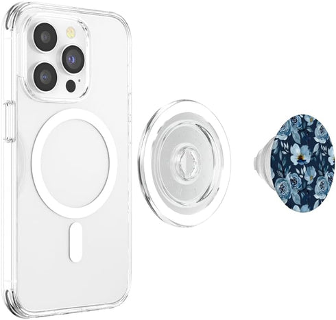 PopSockets PopGrip for MagSafe, Blue Watercolor Flower Pattern.