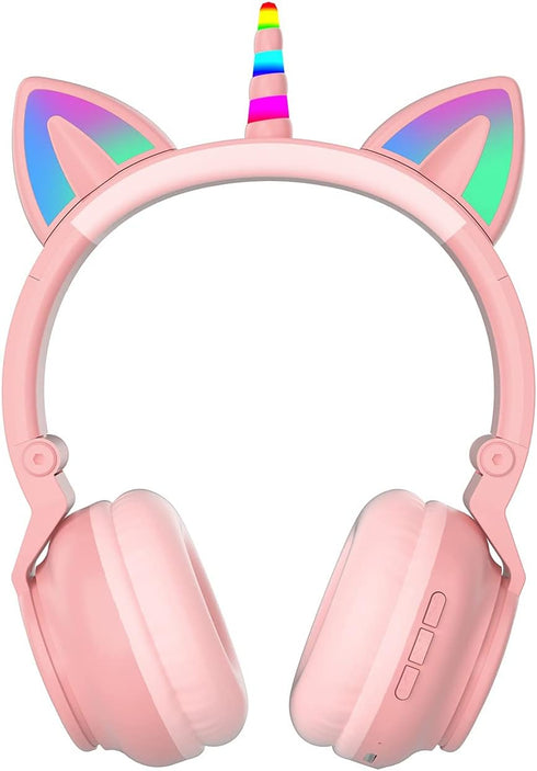 Unicorn Kids Headphones for Girls, Foldable Bluetooth Headphones for Toddlers, Light Up Wireless Headphones, Birthday