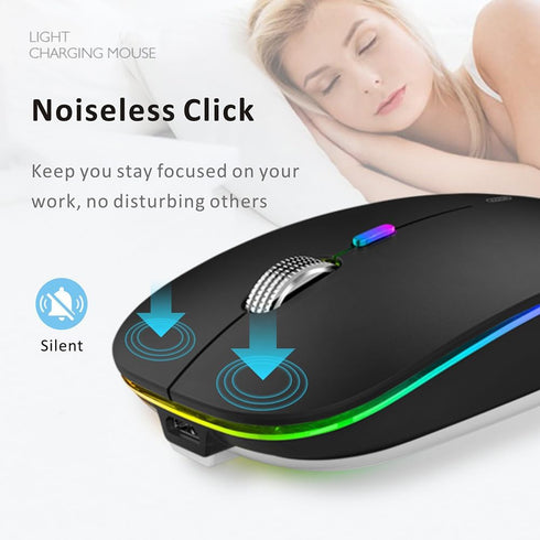 Uiosmuph LED Wireless Mouse, G12 Slim Rechargeable Silent Mouse, 2.4G Portable USB Optical Mice, Matte Black