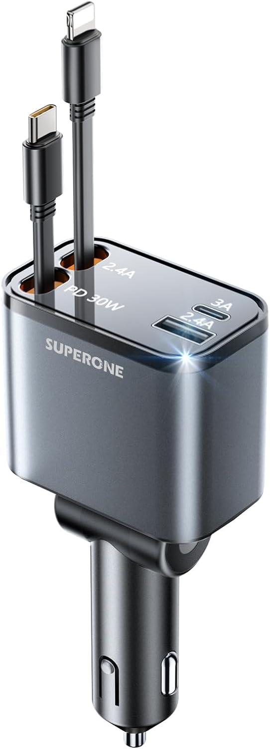 SUPERONE Smaller 69W Retractable Car Charger 4 in 1 Fast Phone Charger Adapter with Retractable Type C & L Cords for