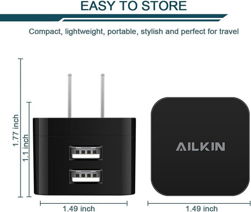 2Pack USB Wall Chargers, 2.4A Dual Port Fast Charger Block Square Flat Power AC Adapter Phone Brick Charging Station for iPhone, Samsung Galaxy, LG Stylo, Google Pixel, USB Plug House Hold Box Cube by AILKIN