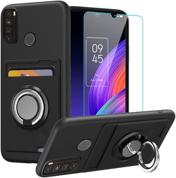 TCL 30 XL T701DL Phone Case with Tempered Glass Screen Protector, Card Holder with Ring Stand, Black