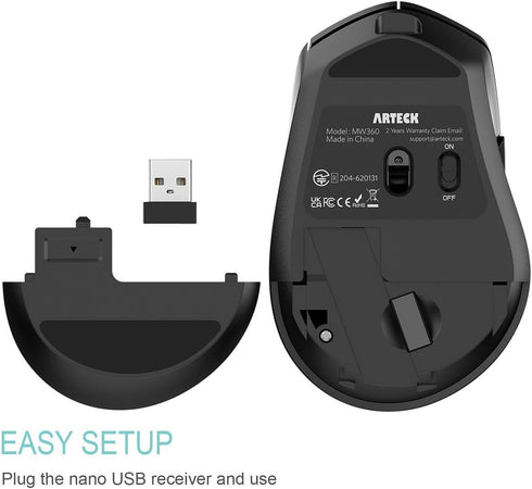 Arteck 2.4G Wireless Mouse with Nano USB Receiver, Ergonomic Right Hand Silent Clicking for Computer/Desktop/PC/Laptop
