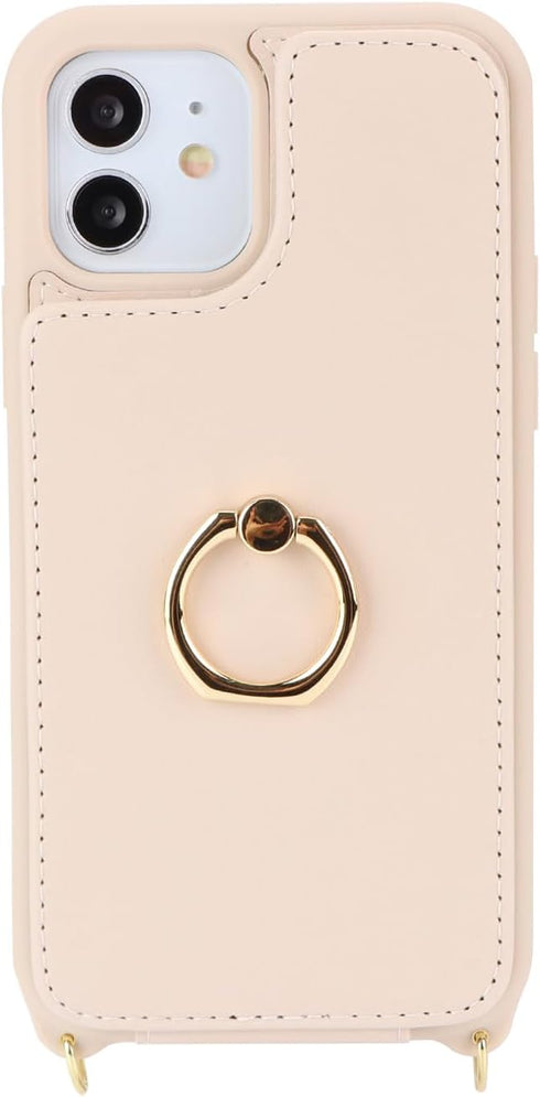 iPhone 11 Phone Case with Card Holder and Strap for Women, Crossbody Lanyard, Kickstand Ring Stand, Beige