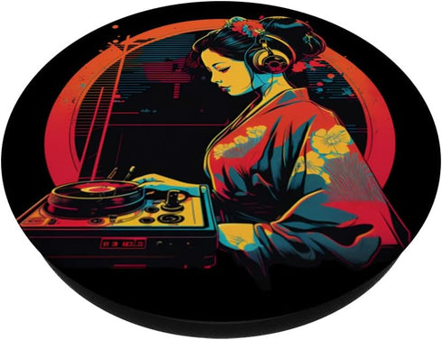 Retro Geisha DJ Girl EDM Japanese Kimono Vaporwave Aesthetic PopSockets Swappable PopGrip
