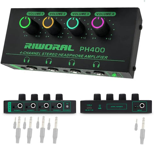 4 Channels Headphone Amplifier with 1/4" and 1/8" TRS Jack Input for DJ Mixer, Headphone Splitter