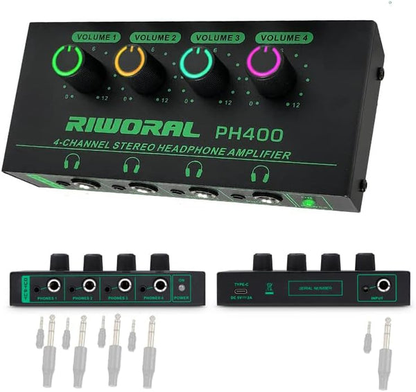 4 Channels Headphone Amplifier with 1/4" and 1/8" TRS Jack Input for DJ Mixer, Headphone Splitter