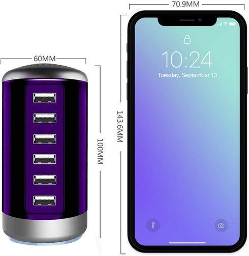 Universal 6-Port USB Charger Desktop Charging Station Hub with Smart Identification Technology, Purple