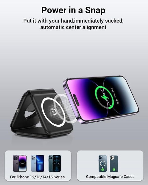 3 in 1 Magnetic Foldable Wireless Charger, Fast Travel Charging Station for iPhone 15/14/13/12 Series, iWatch, Air Pods