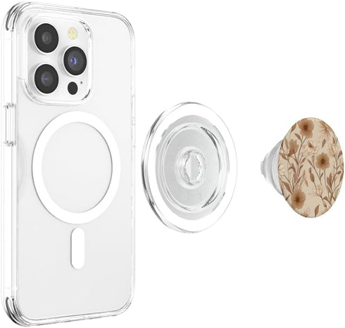 Minimalist Floral Line Art Boho Aesthetic Light Brown Cream PopSockets MagSafe PopGrip for iPhone