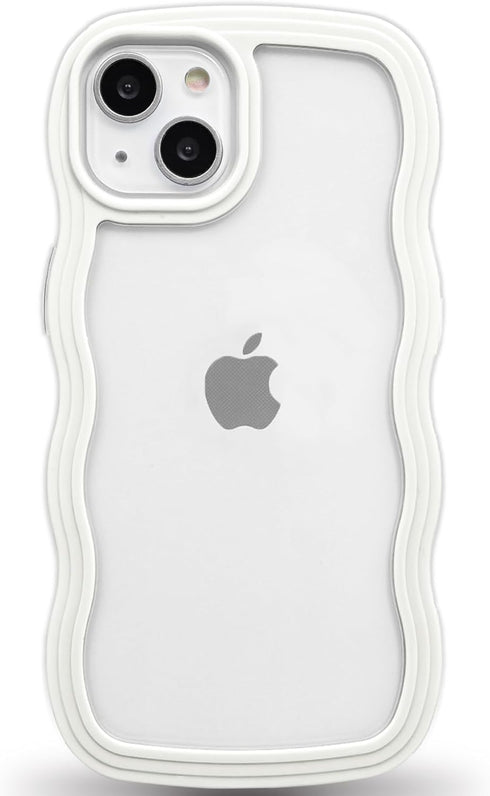 Anuck Wavy Edge Clear Back Design Case for iPhone 14 Plus, Anti-slip Grip Shockproof Soft TPU & Hard Bumper (White)