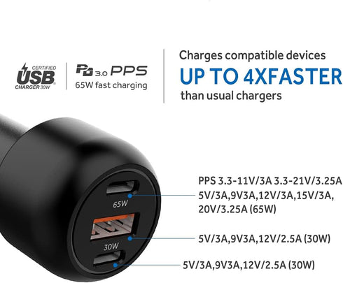 95W 3 Port USB C Fast Car Charger,65W 30W PPS PD Type C Phone Laptop 30W QC3.0 Metal USB Car Cigarette Lighter Adapter for iPhone 15 14 Pro Max Samsung 5g S21 S10 Note10/20 for iPad MacBook
