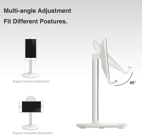 Bright Stone Adjustable Phone Stand for Desk, Compatible with 4"-12.9" Phones/Tablet/iPhone/iPad/Switch (White)