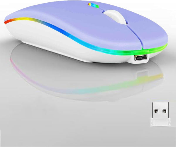 Wireless Bluetooth Mouse, LED Dual Mode Rechargeable Slim Silent Mouse, Portable (BT5.2+USB Receiver) for Laptop,