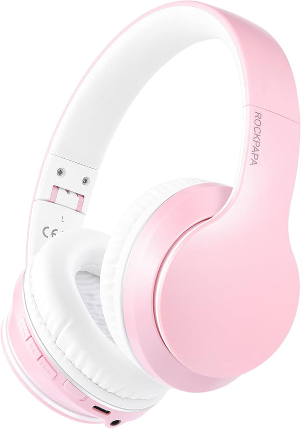 rockpapa E7 Over Ear Wireless Bluetooth Headphones with Mic, Foldable Wired/Wireless Headphones for Kids, Pink White