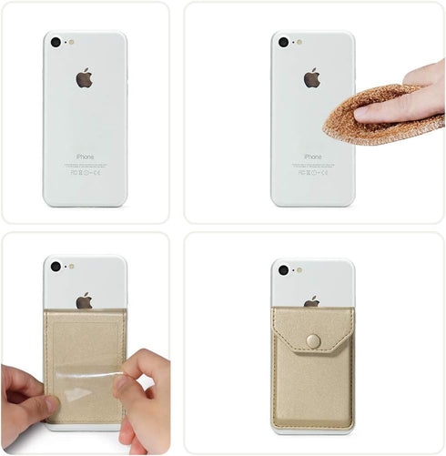 Card Holder for Back of Phone, Adhesive Leather Wallet Stick On Credit Card Holder for Men Women - Gold