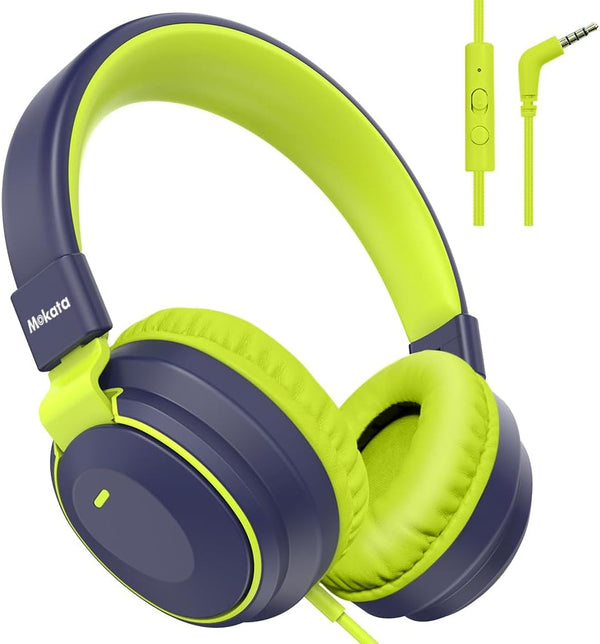 Kids Headphones, Volume Limited 85/96dB Wired Over-Ear/On-Ear Foldable Headset with Mic for School, PC, Tablet (Deep