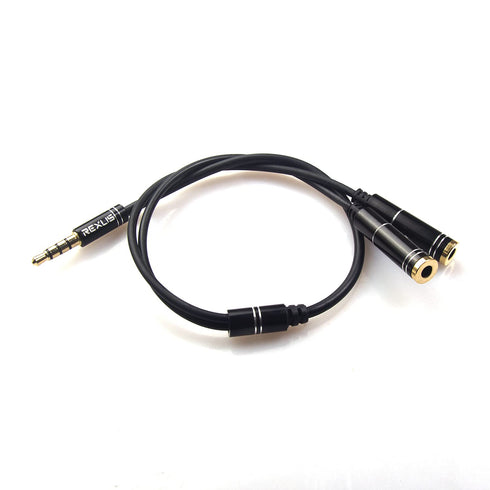 REXUS Black 3.5mm Y Splitter Stereo Audio Cable, 4-Pole Male to 2 Female for Headphone, Compatible with Mobile Phone
