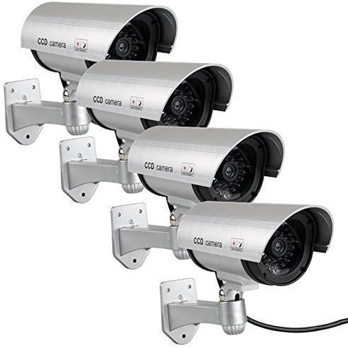 Fake Cameras for Outdoor, Dummy CCTV Surveillance System with Blinking Lights and Warning Sticker (4, Silver)