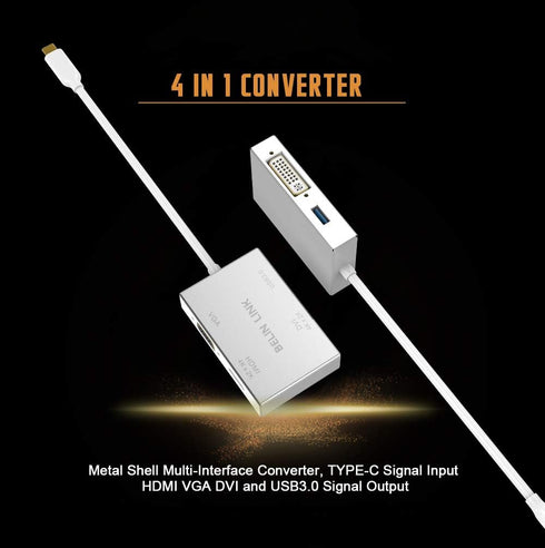 USB C to HDMI DVI VGA USB 3.0 Adapter, USB 3.1 Type-C 4in1 Hub to HDMI DVI 4K VGA Converter for MacBook/MacBook Pro