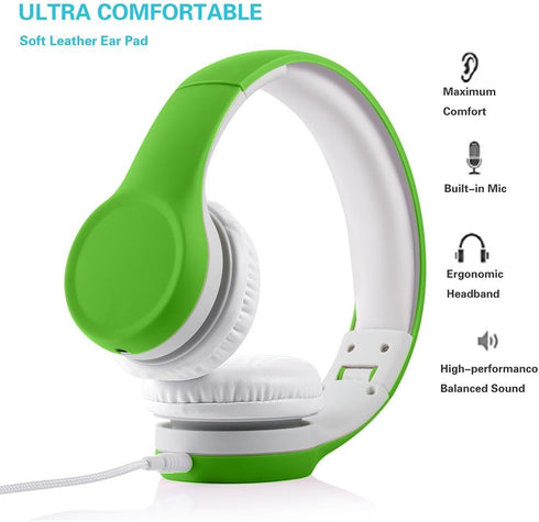 Kids Headphones with Mic & Volume Limiting, Two Audio Ports for Sharing, for Toddlers Boys Girls (Green)